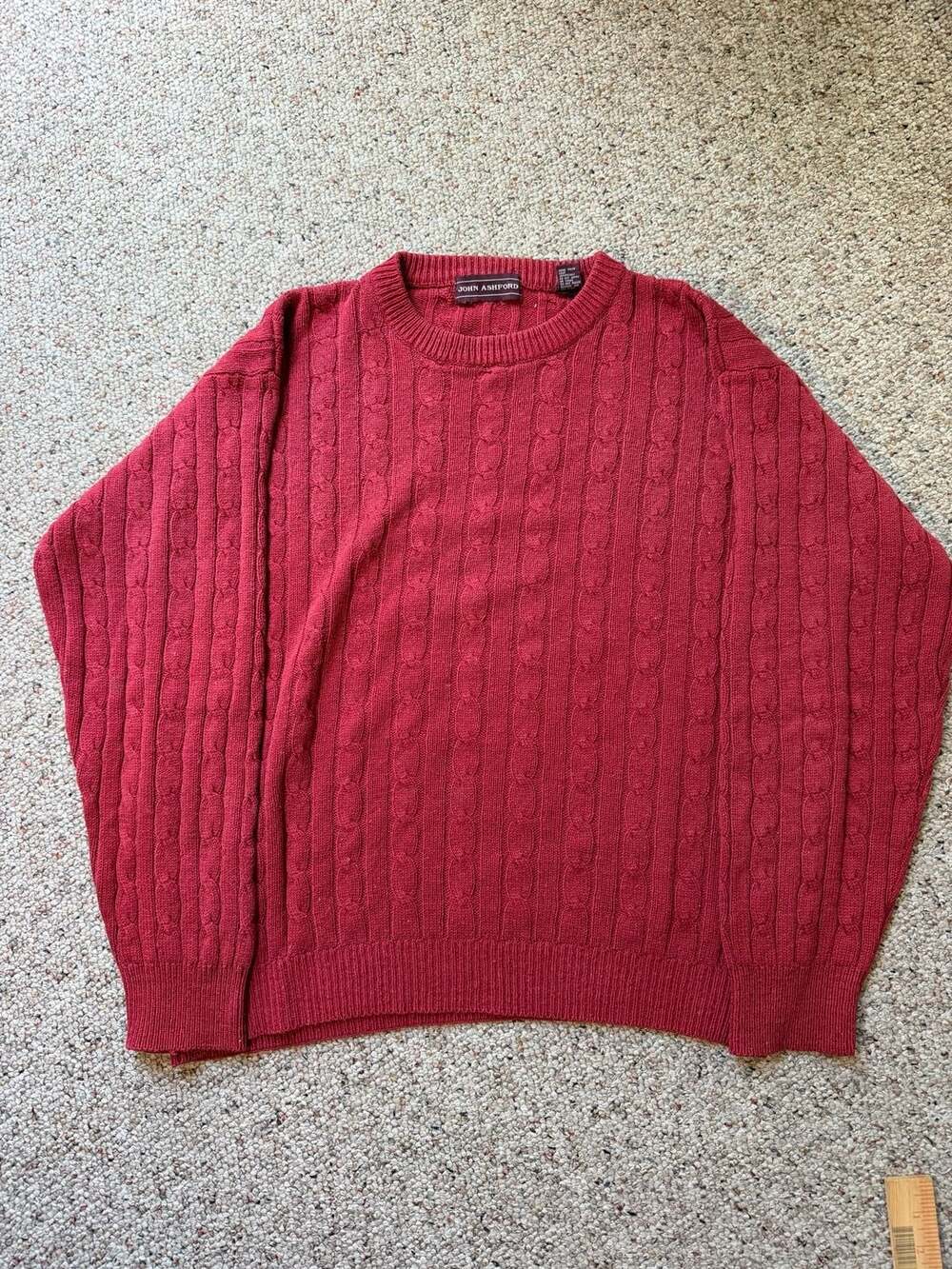 John‎ Ashford Red Silk Cotton Blend Cable Knit Crewneck Sweater Size XL